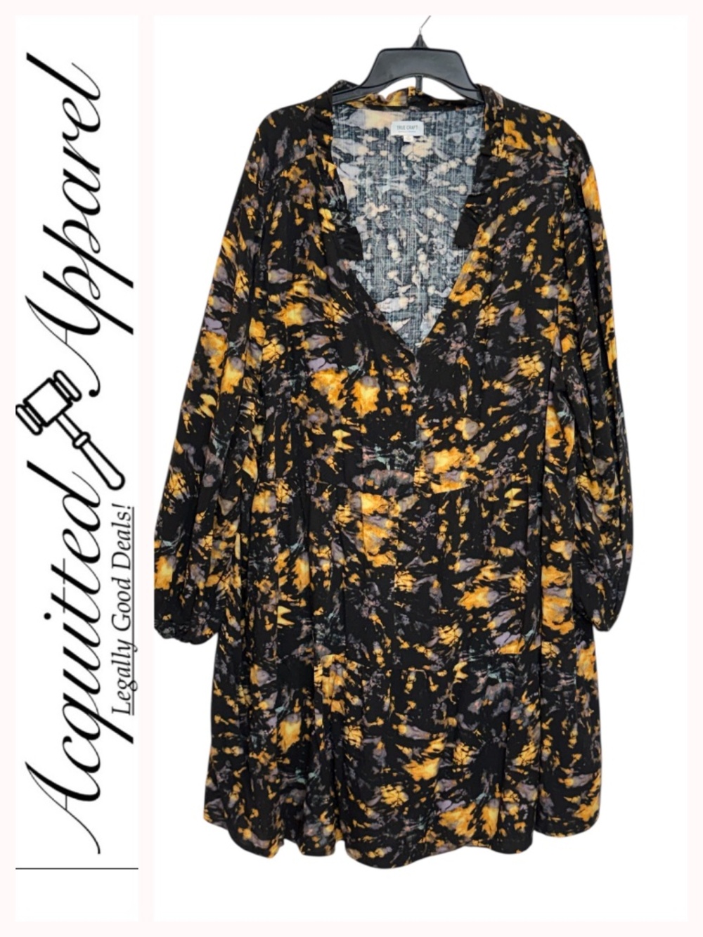 True Craft Black & Yellow Floral V-Neck Tunic Dress